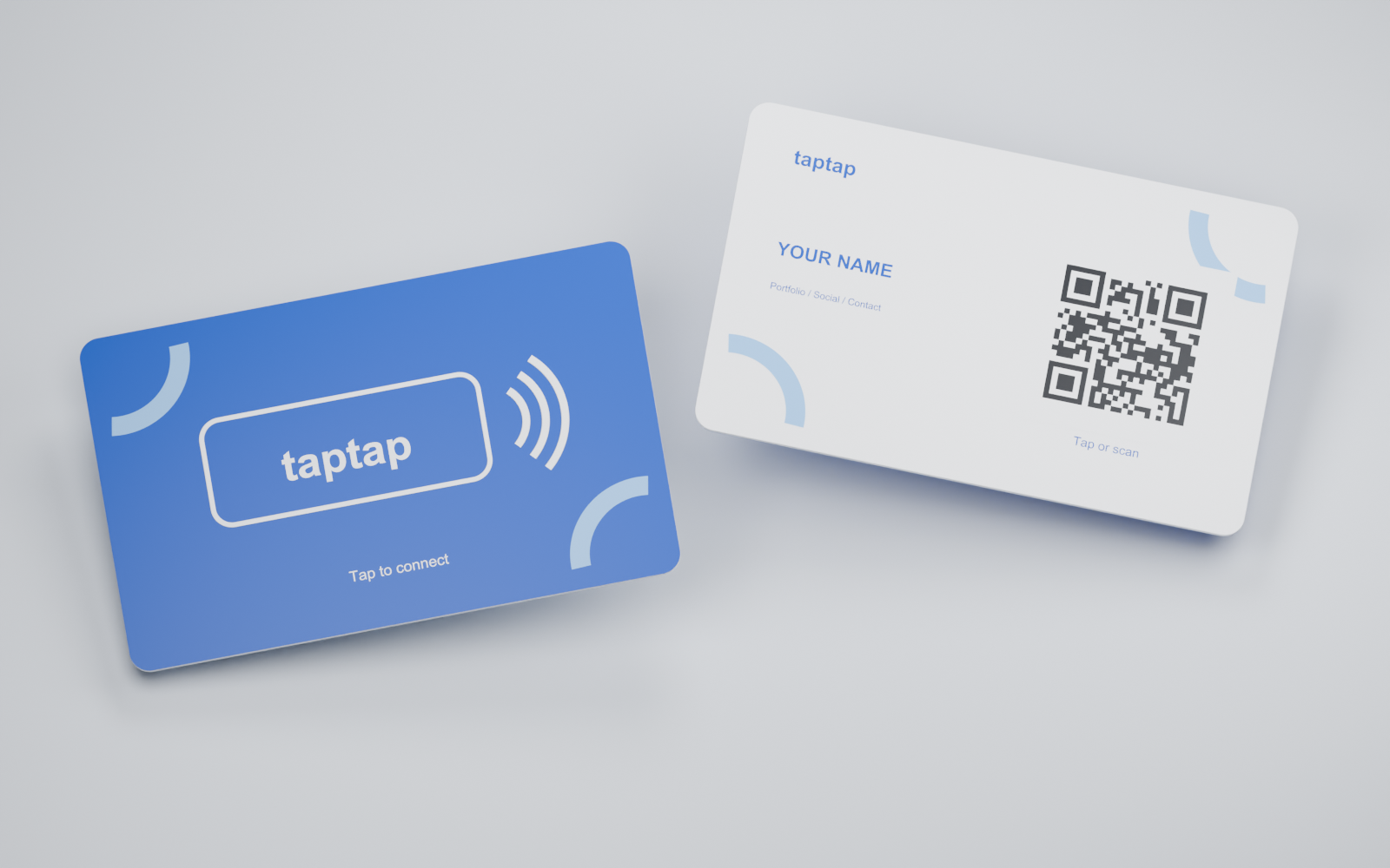 TapTap card concept showing the cobalt blue front and a sample white back with a placeholder QR code